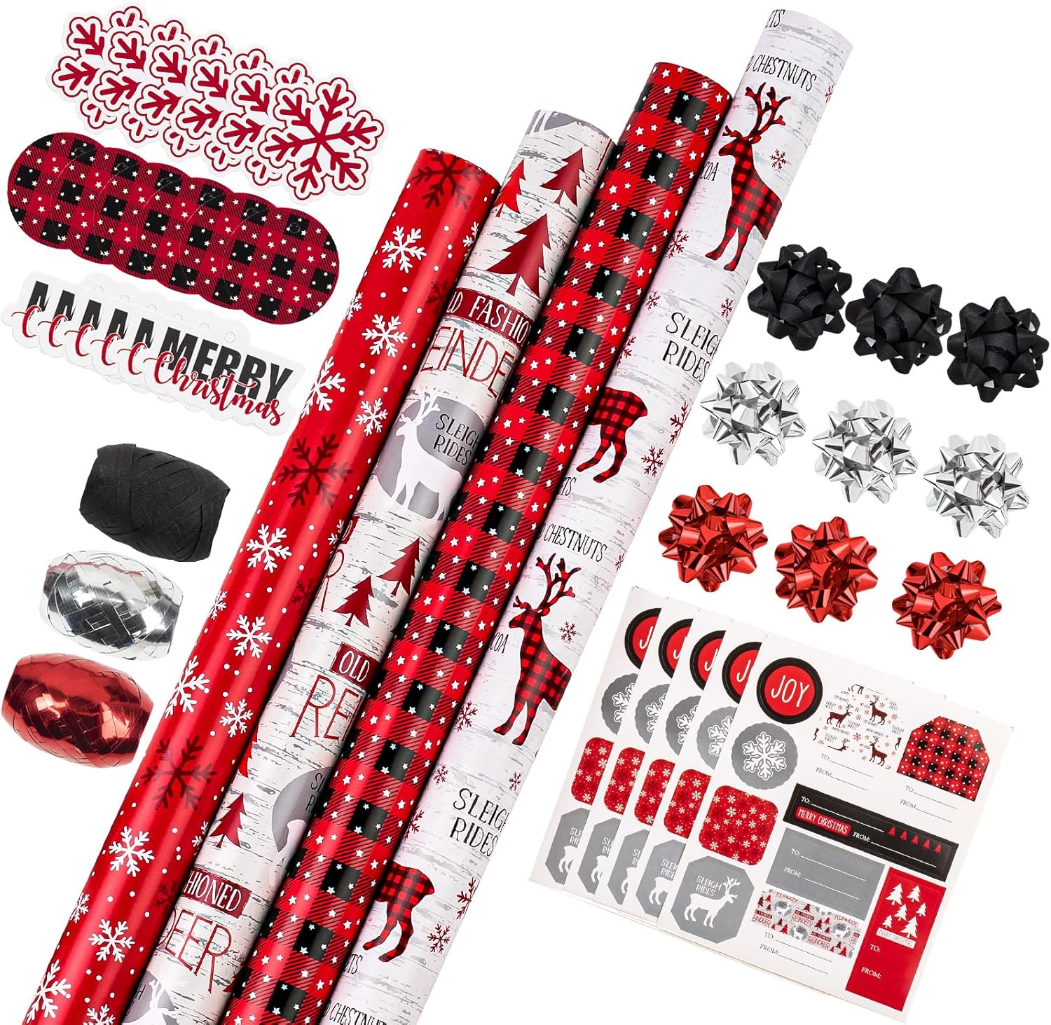 WRAPAHOLIC Christmas Wrapping Paper Set with Gift Bow & Ribbon