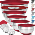 Stainless Steel Mixing Bowls Set 6Pc with Lids and Graters - Red