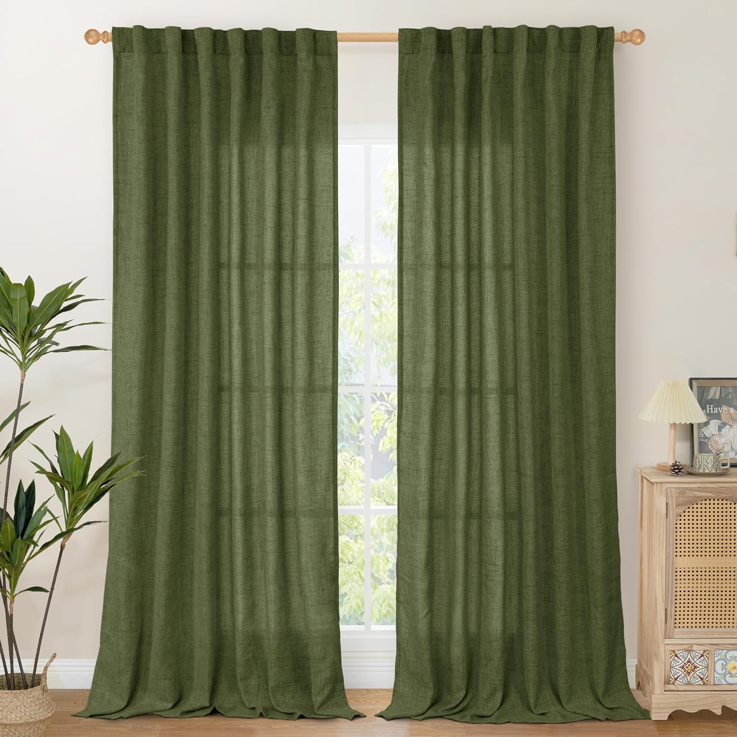Olive Green Linen Curtains for Living Room 84 Inch Length