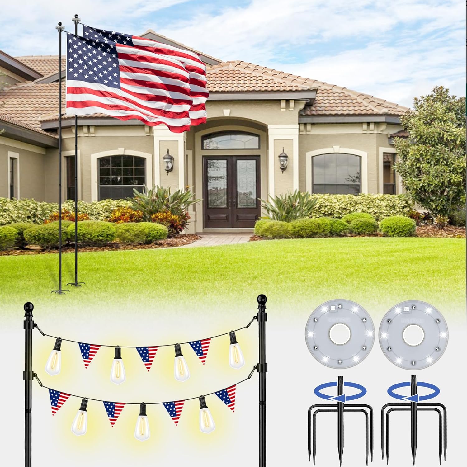 Heavy Duty 10 FT Flag Pole Kit with Solar Light for Outdoors