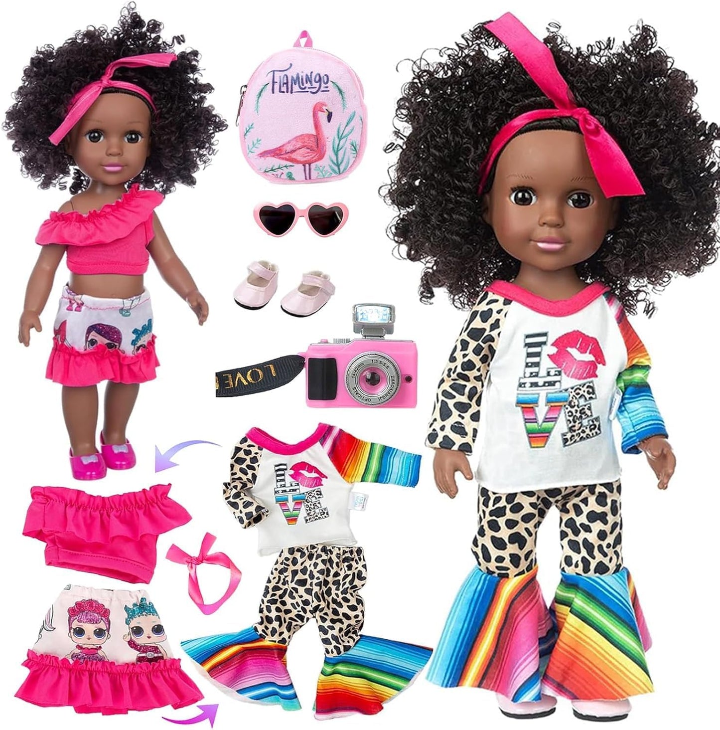 XFEYUE 14.5 inch Black Doll with Clothes and Accessories for Kids