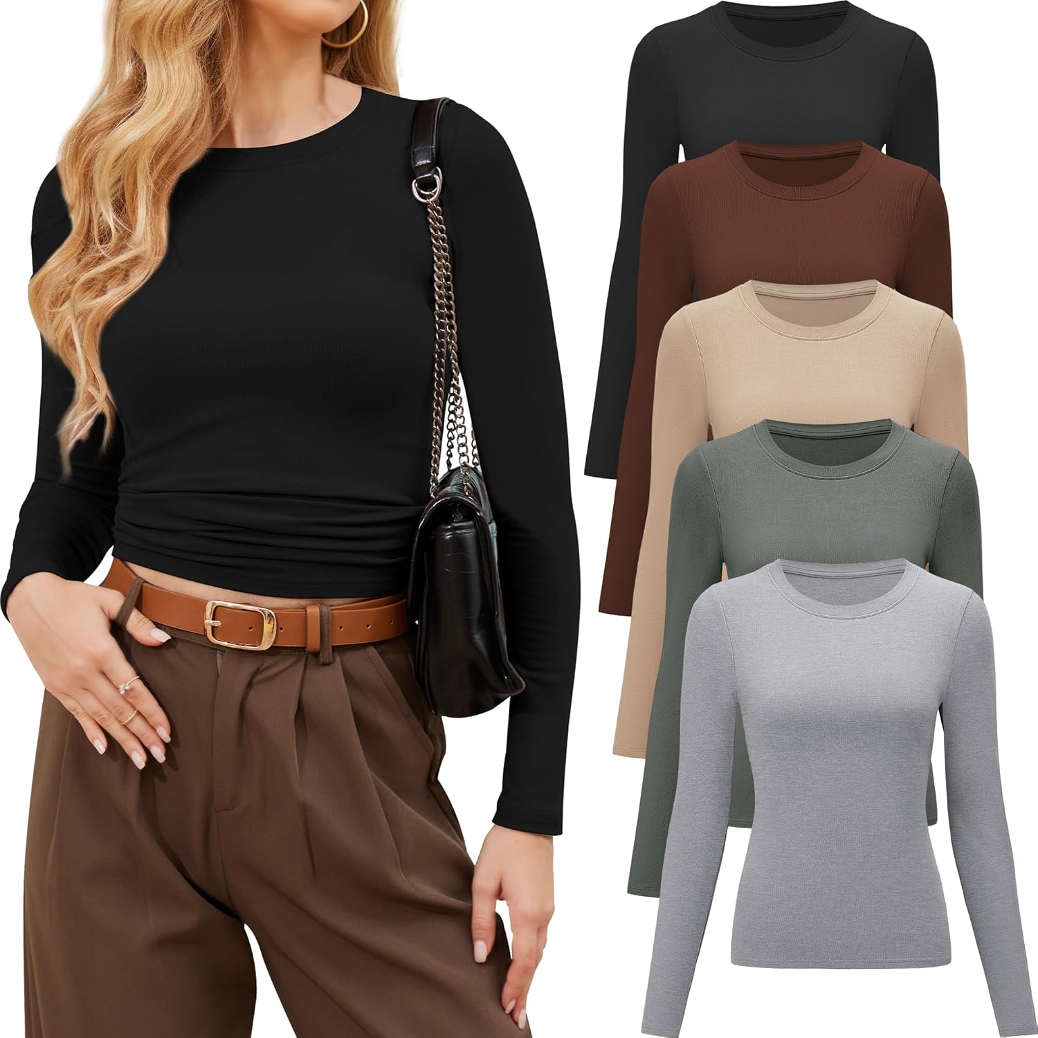 Womens Long Sleeve Shirts Crew Neck Basic Tees for Casual Wear