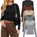 Womens 3/5 Pack Long Sleeve Crew Neck Basic Tees - Slim Stretchy Fit