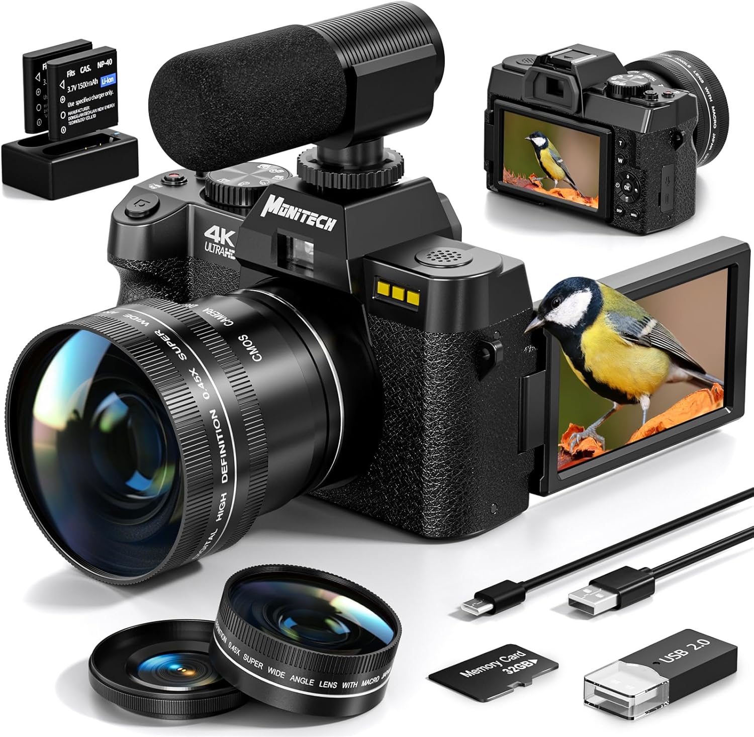 Monitech 4K Vlogging Camera - 48MP, 180 Flip Screen, 16X Zoom