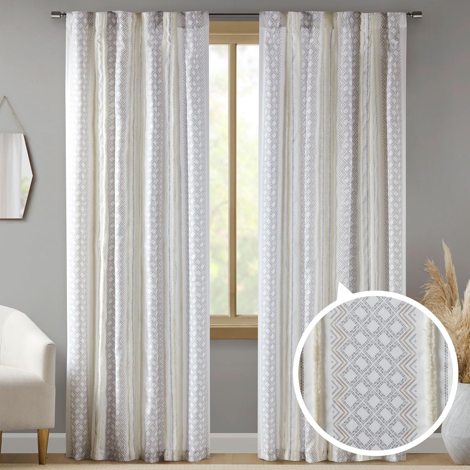 Modern Geometric Print Tufted Accent Window Curtain Panels