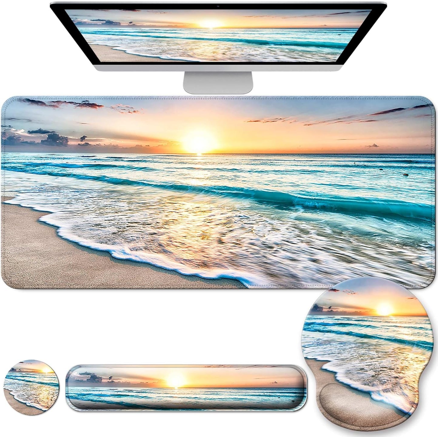 VINEBURY Ergonomic Desk Pad Set - Memory Foam Wrist Rest & Mouse Pad - Blue Sunset