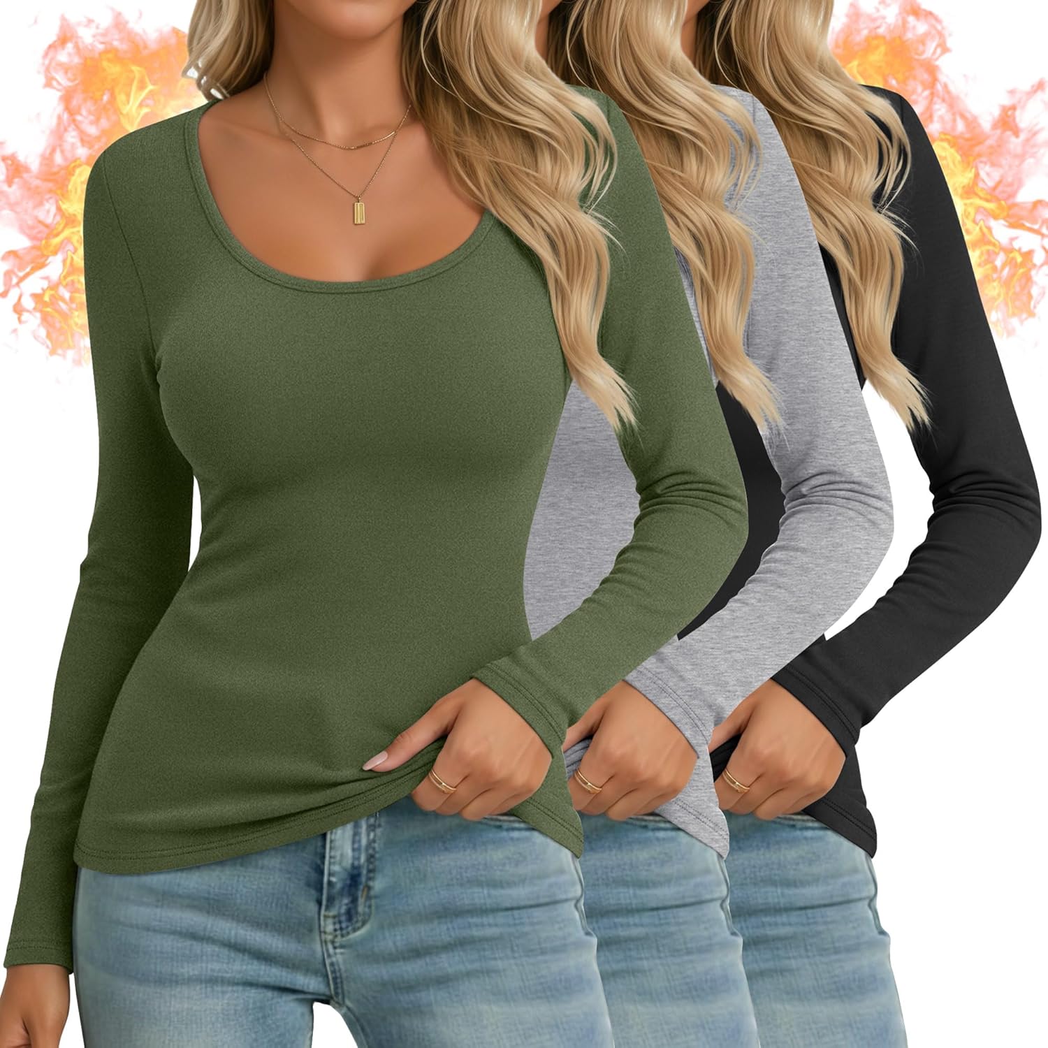 Ficerd 3 Pack Women's Thermal Long Sleeve Shirts for Winter Wear
