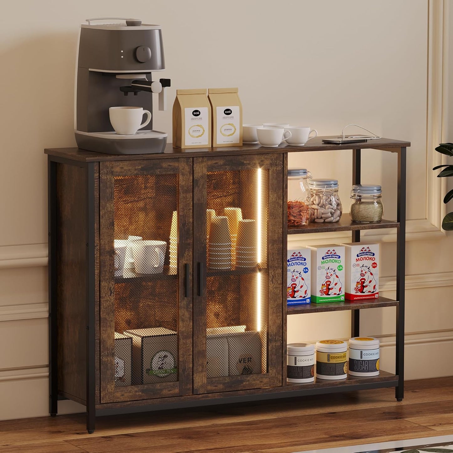 LVSOMT LED Farmhouse Coffee Bar Cabinet with Motion Sensor