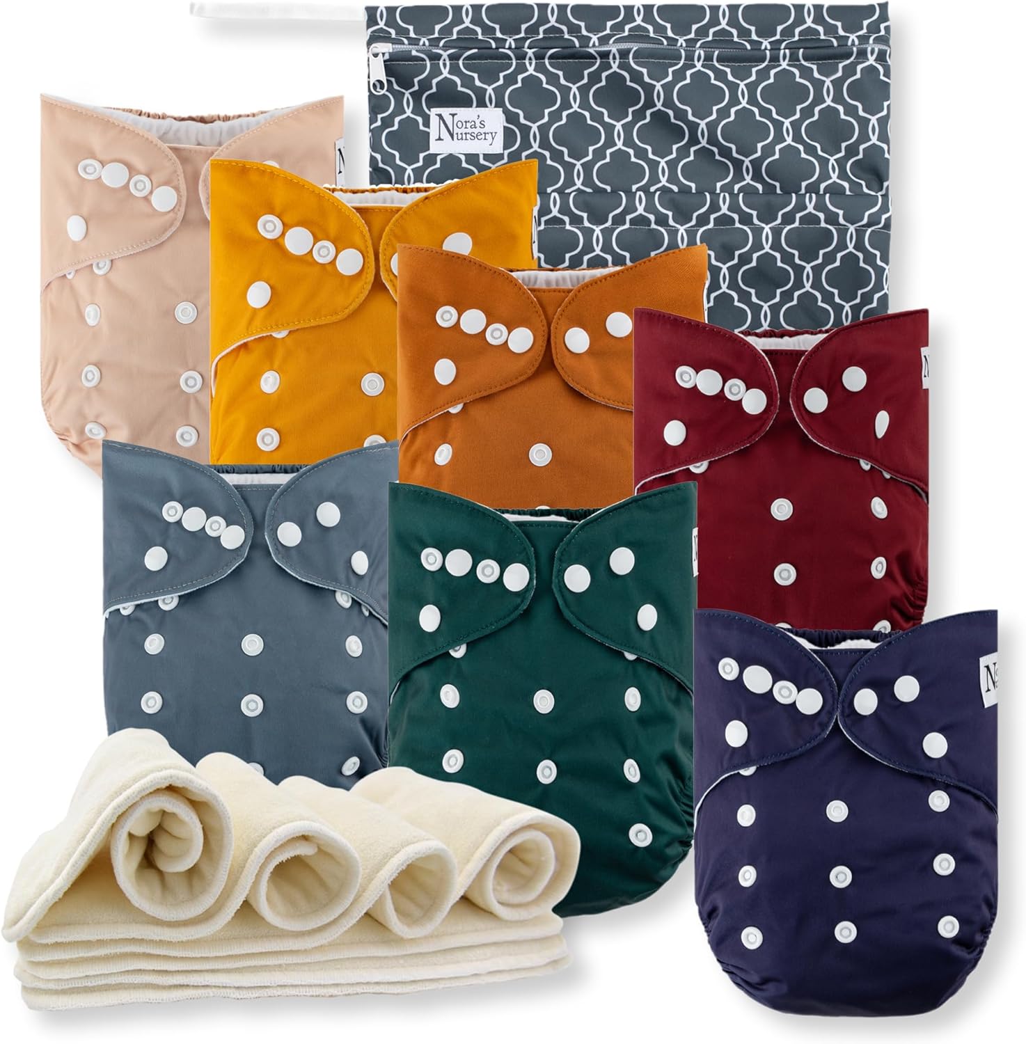 Nora's Nursery Cloth Diapers Set - Reusable, Waterproof, Adjustable - 7 Pack!