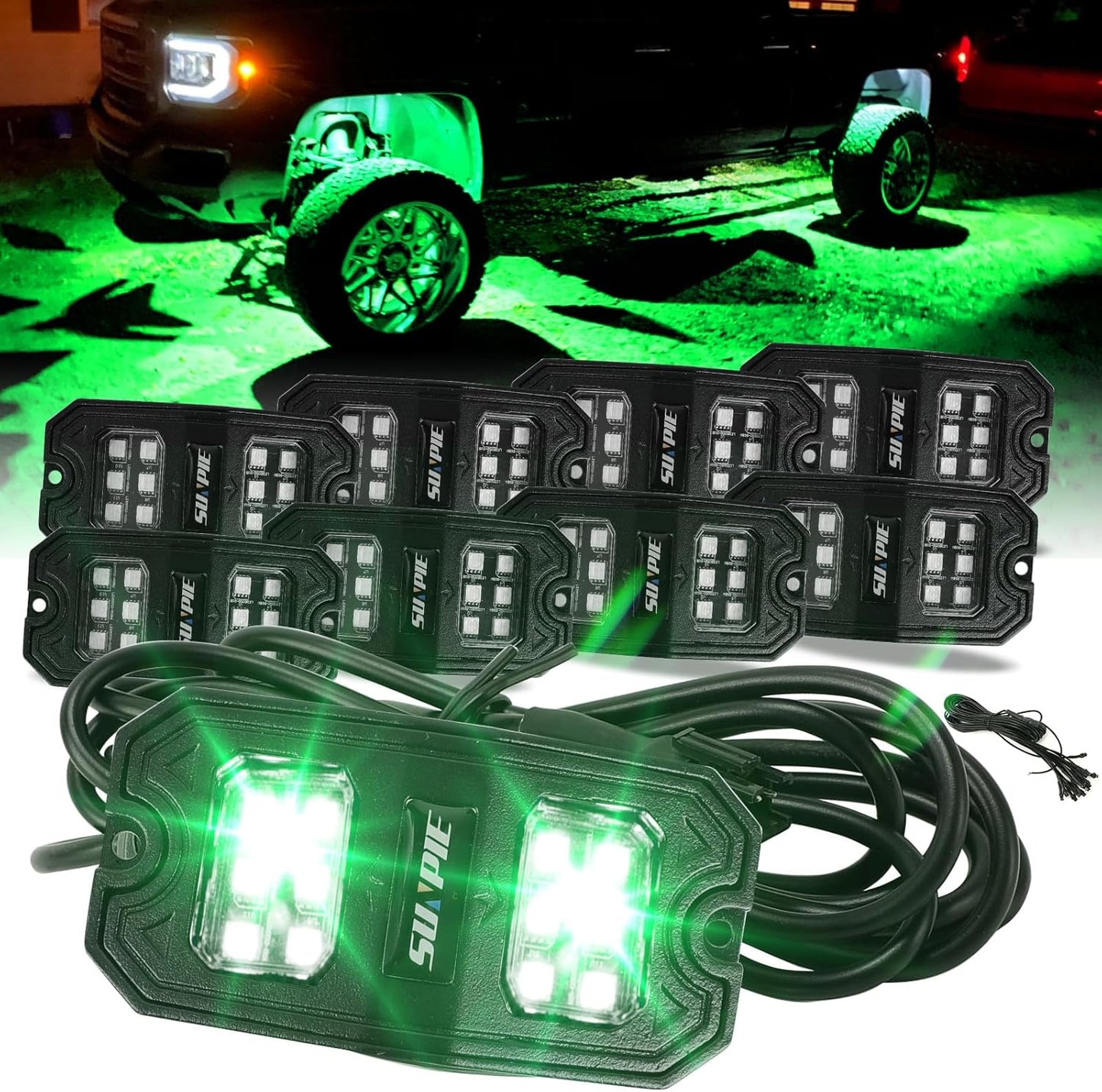 SUNPIE 8 Pods Quick Connect Green Rock Lights for Trucks and SUVs