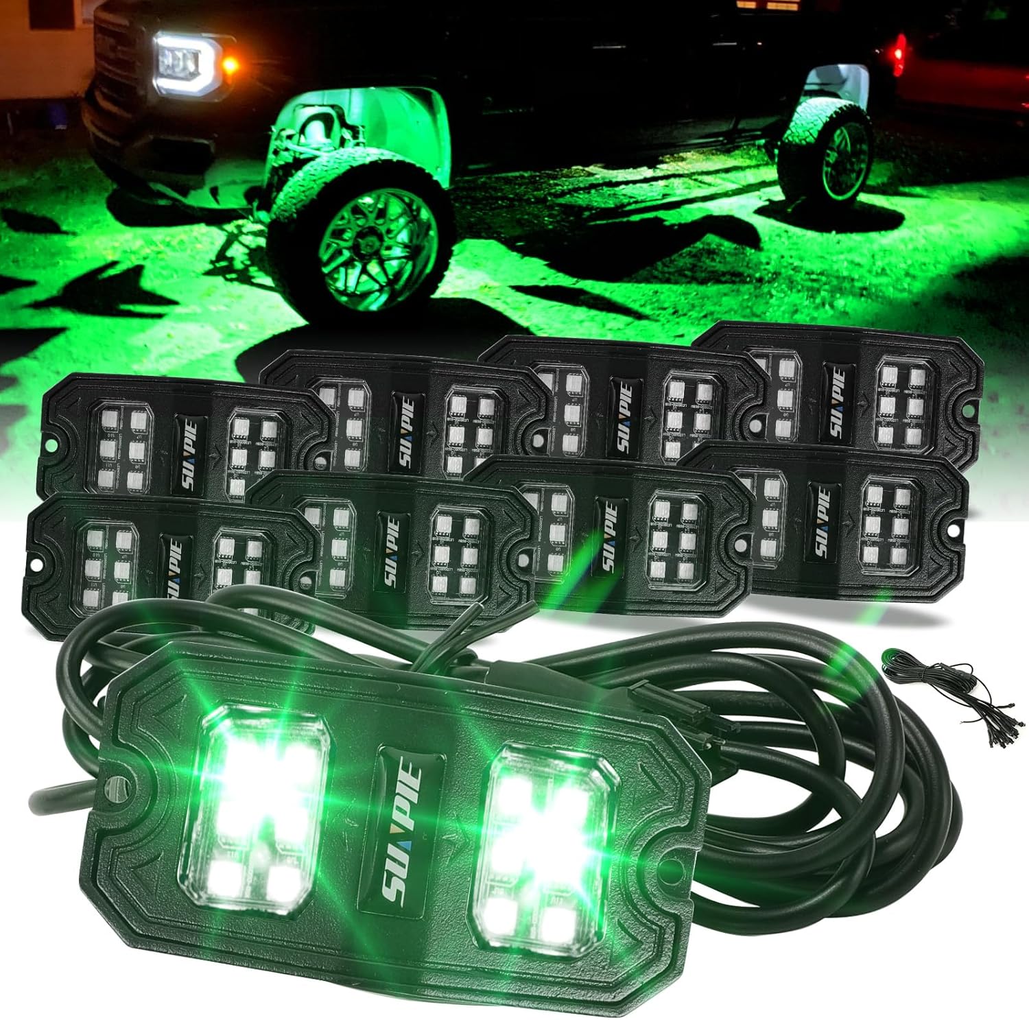 SUNPIE 8 Pods Quick Connect Green Rock Lights for Trucks and SUVs