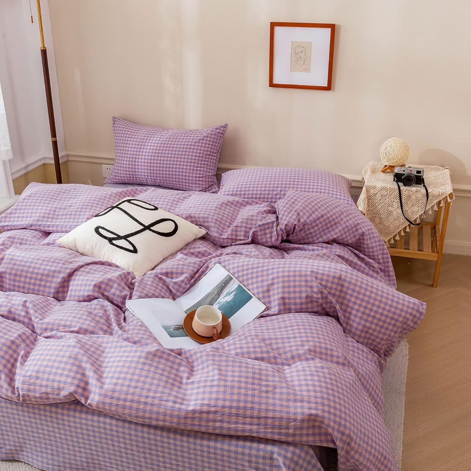 Purple Gingham Grid Duvet Cover Set for Modern Bedroom Style