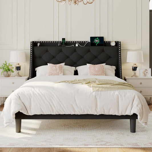 Queen Size Bed Frame with Wingback Storage Headboard and Ports