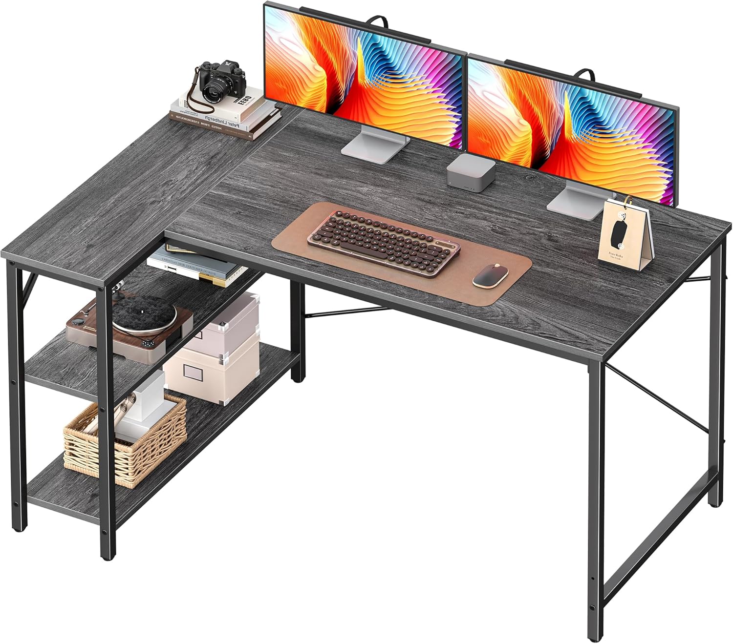 L Shaped Desk with Reversible Shelves for Home Office Setup