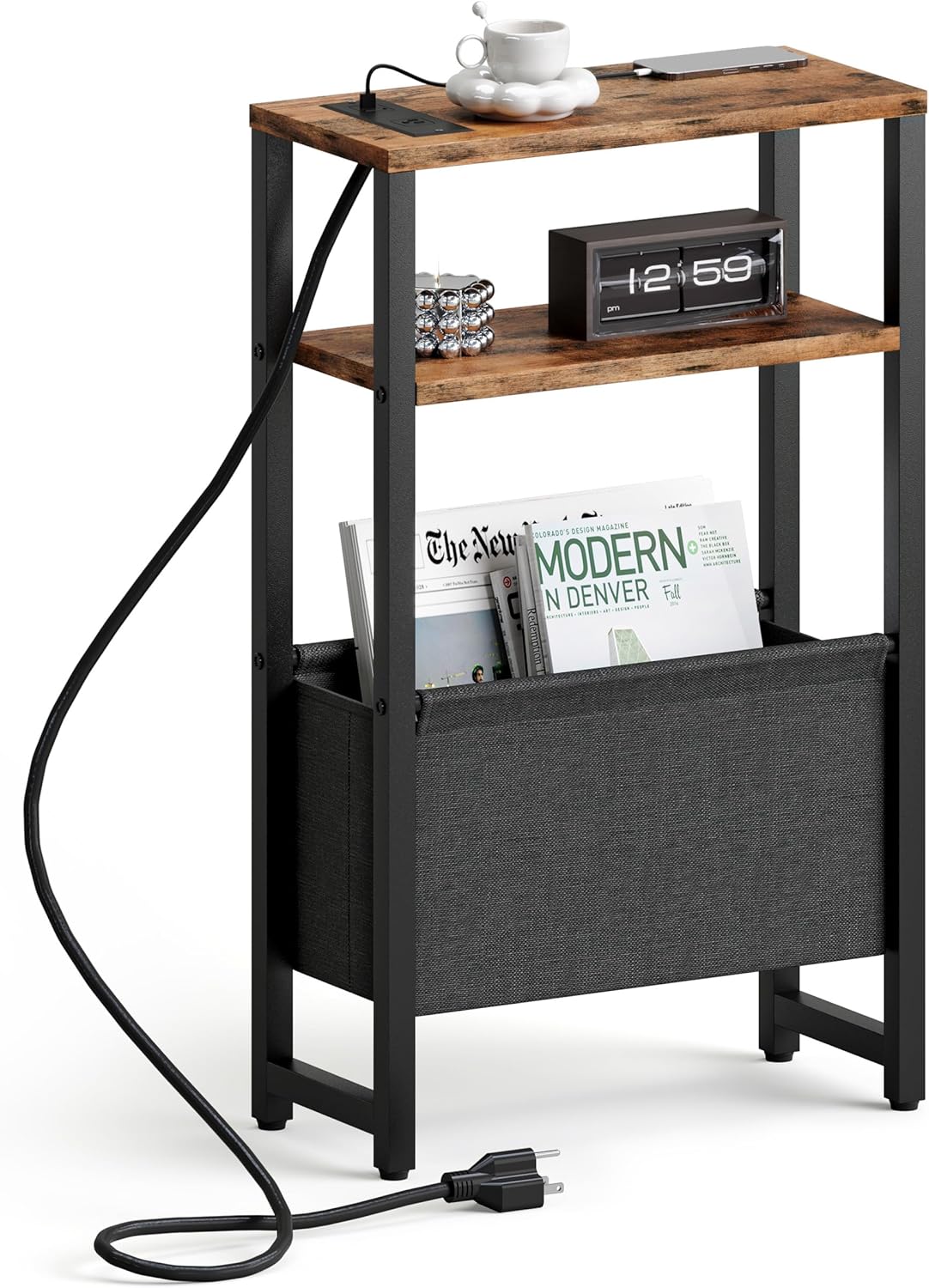 Narrow Side Table with Charging Station for Small Spaces