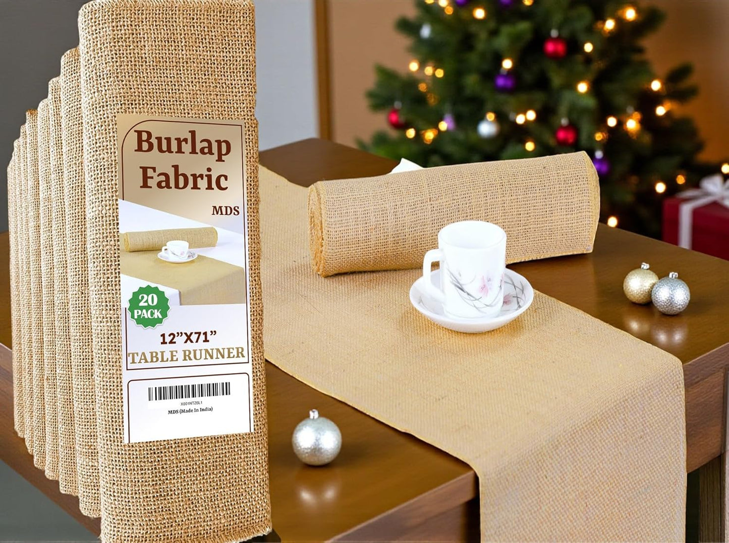 MDS Christmas Natural Burlap Table Runners for Rustic Decor