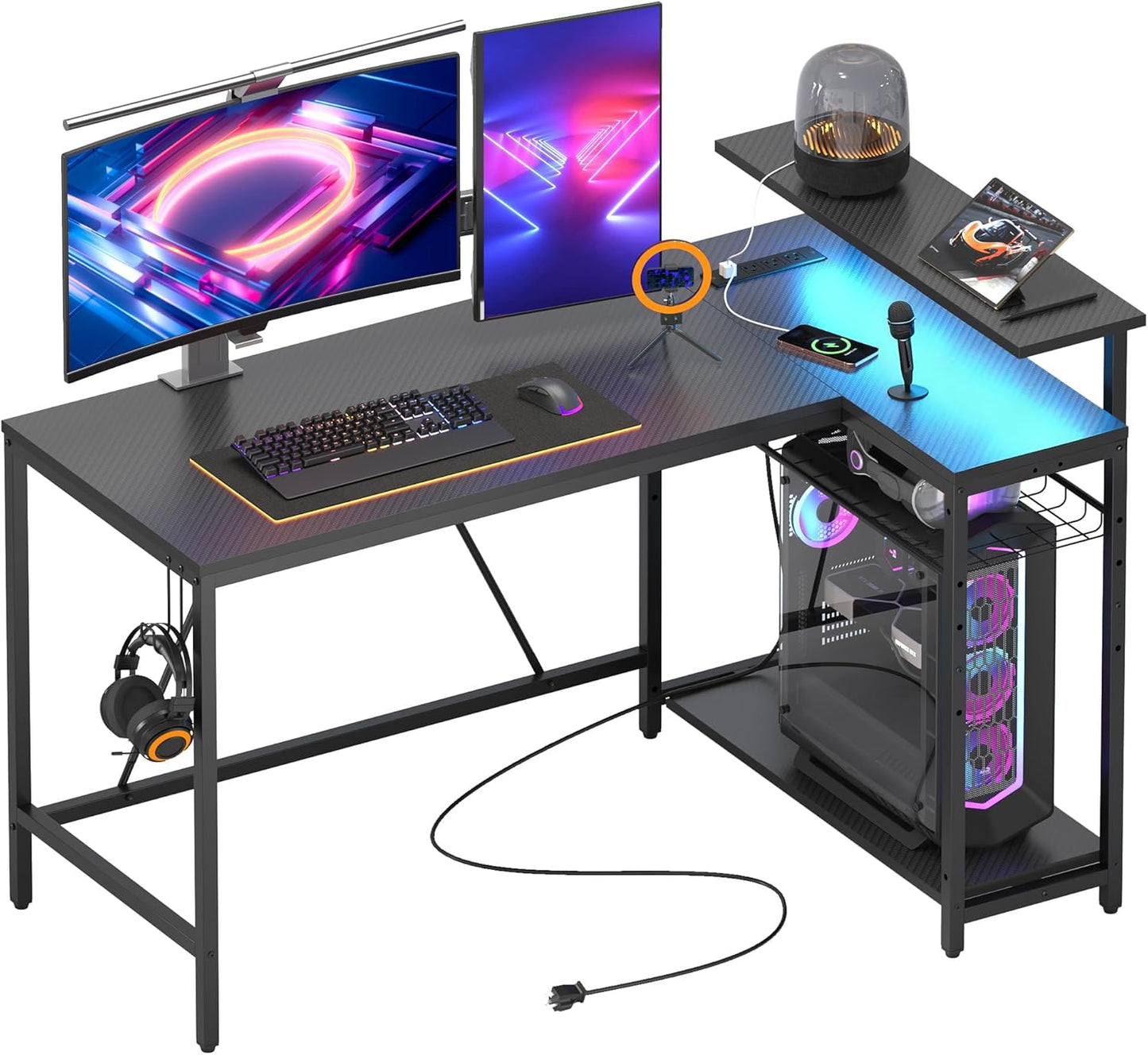 Bestier 52 Gaming Desk with Power Outlet & LED Lights for Gamers