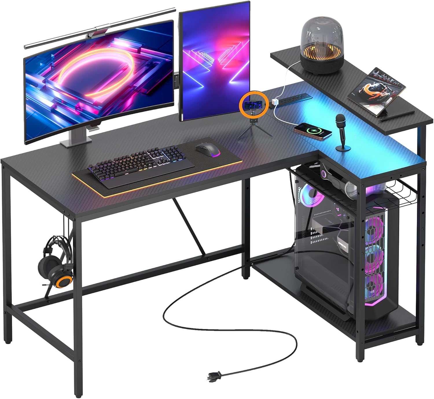 Bestier 52 Gaming Desk with Power Outlet & LED Lights for Gamers