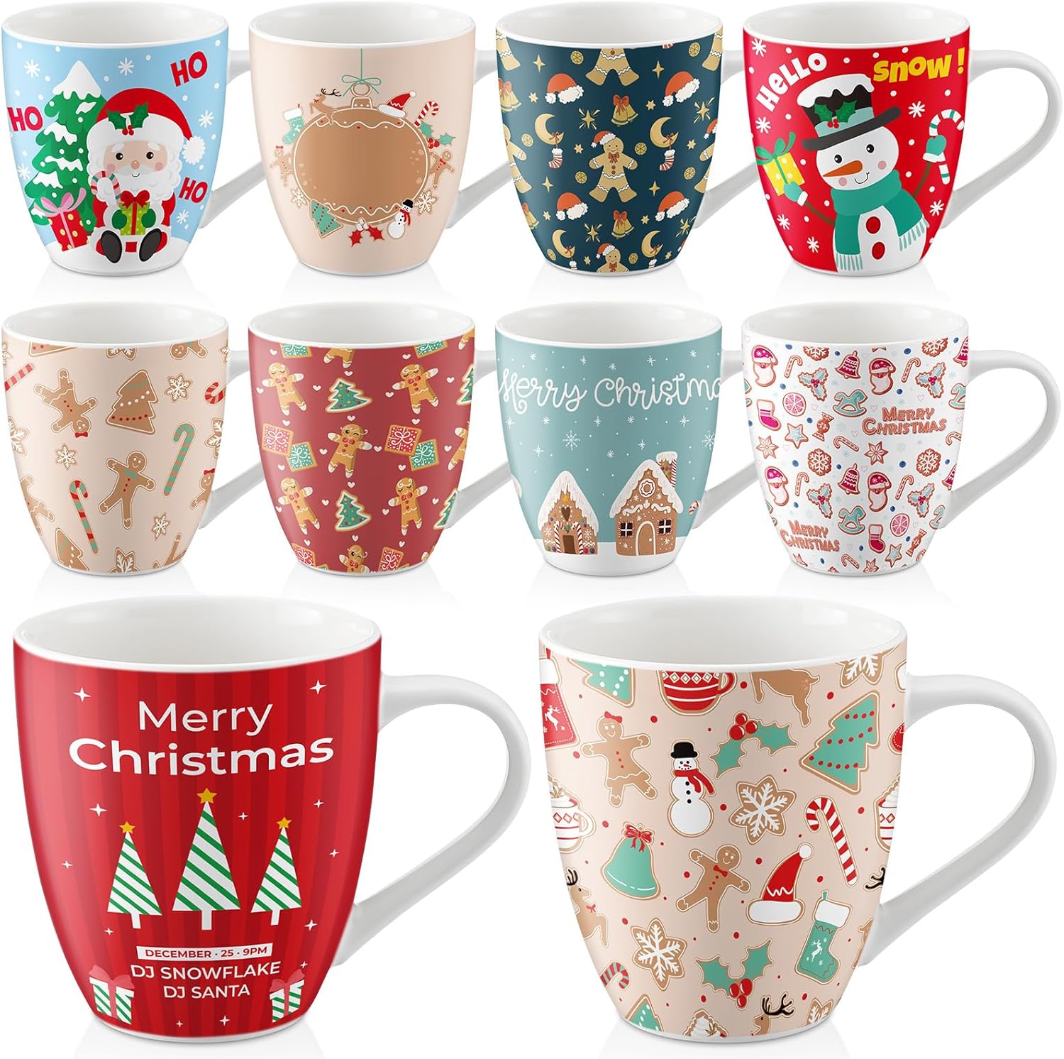 10 Pcs Large 17oz Christmas Ceramic Mugs Set for Holiday Cheer