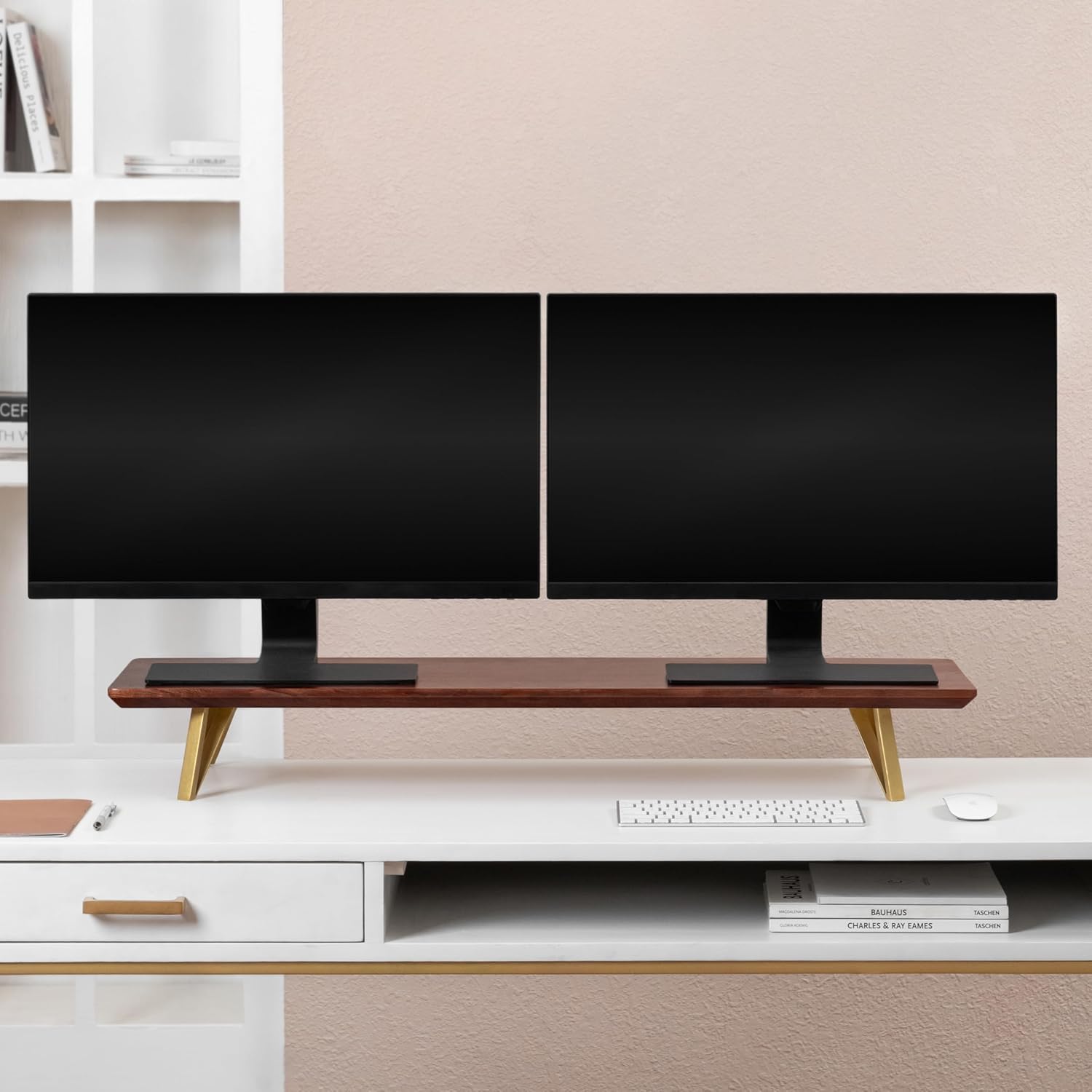 Ergonomic Monitor Riser for Desk - Space-Saving Stand in Walnut