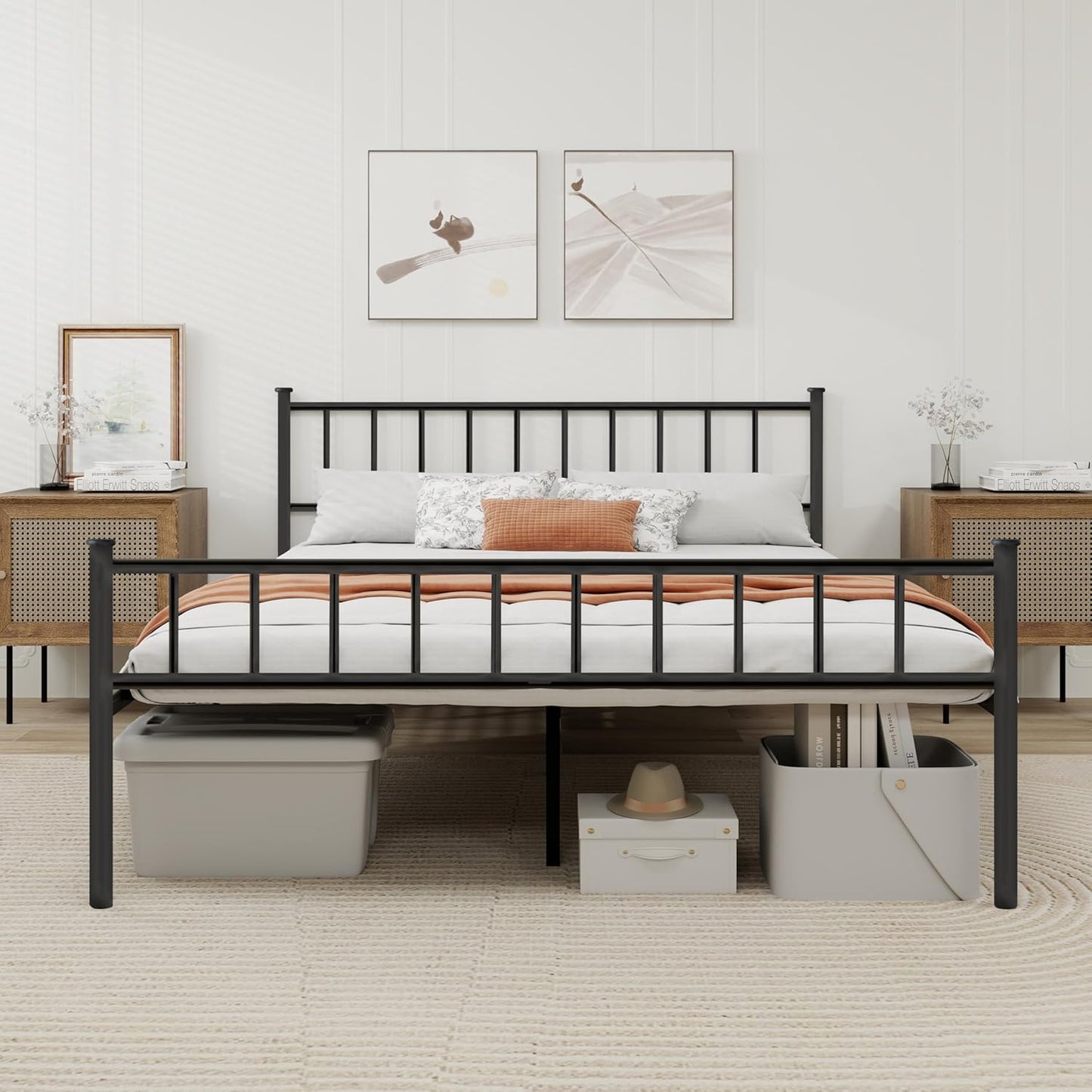 Sturdy Metal Platform Queen Bed Frame with Headboard Design