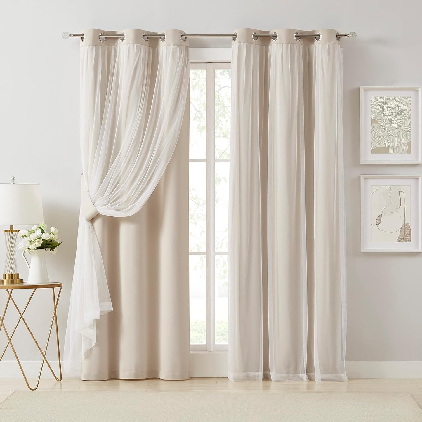 Bujasso Beige 80% Blackout Curtains with Sheer Overlay Panels