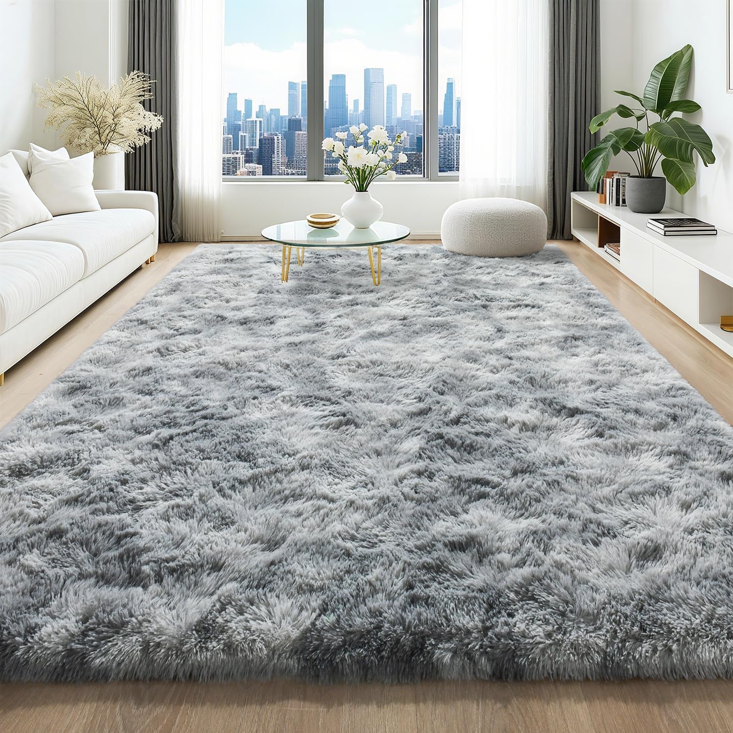 HQAYW 8x10 Fluffy Tie-Dyed Light Grey Area Rug for Home Decor