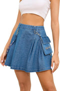 Denim Goth Black Pleated Mini Skirt for Women - Chain Detail