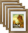 11x14 Vintage Picture Frames with White Mat - 4 Pack Gold Ornate