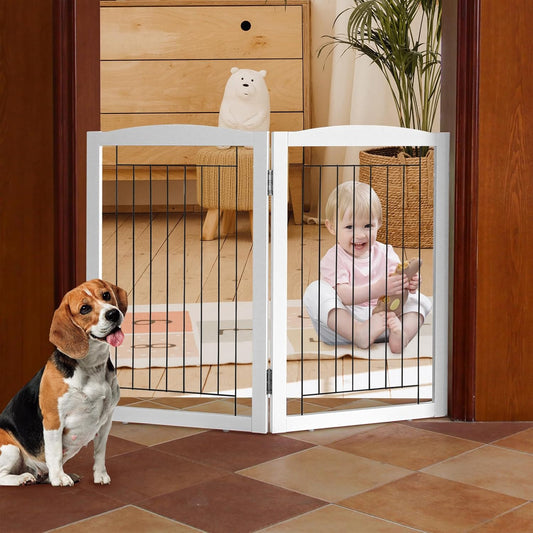 Freestanding Foldable Dog Gate - Extra Wide Wooden Pet Fence