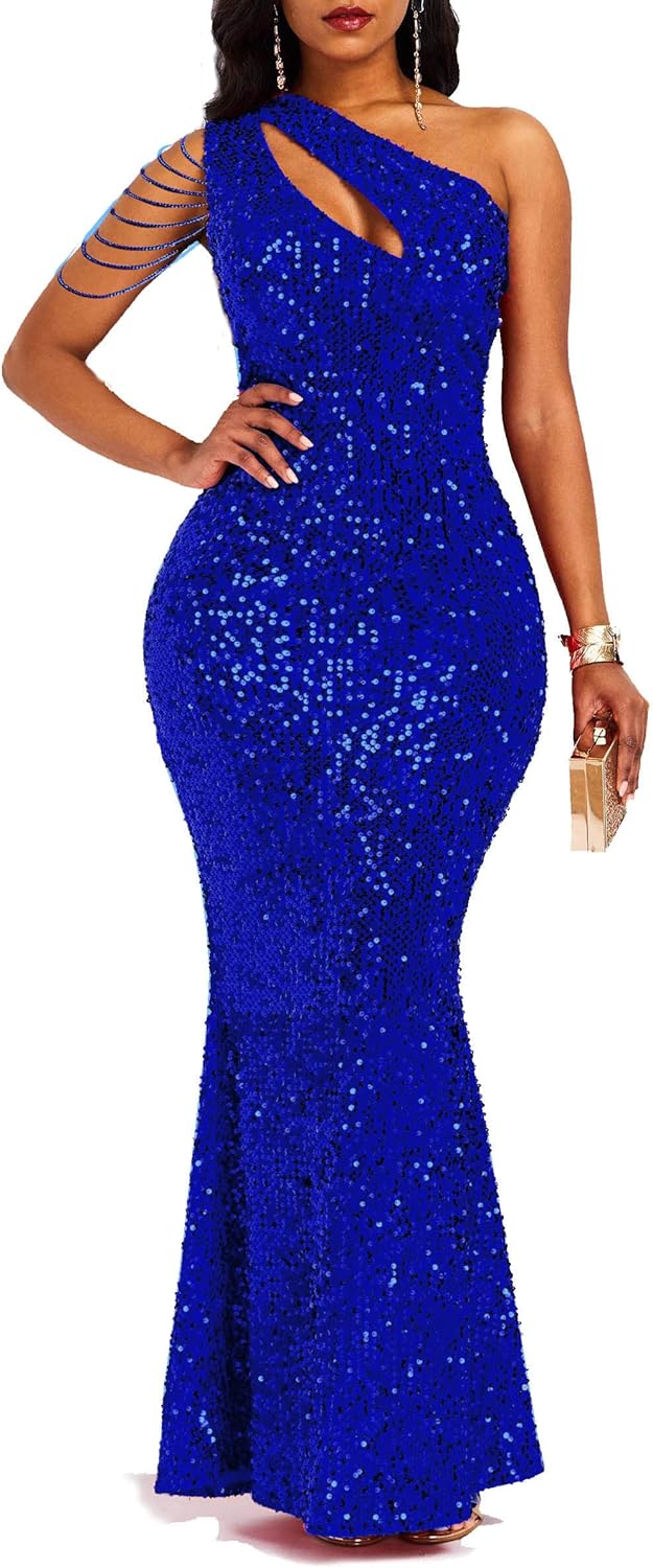 Cololura Women Sequin One Shoulder Mermaid Bodycon Dress