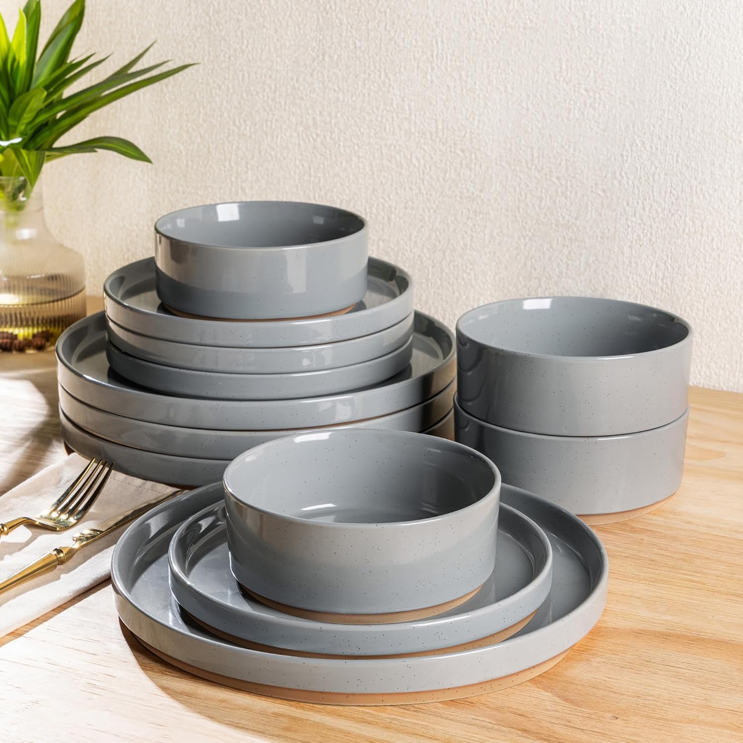 AmorArc Ceramic Dinnerware Set for 6 - Rustic Gray Plates & Bowls