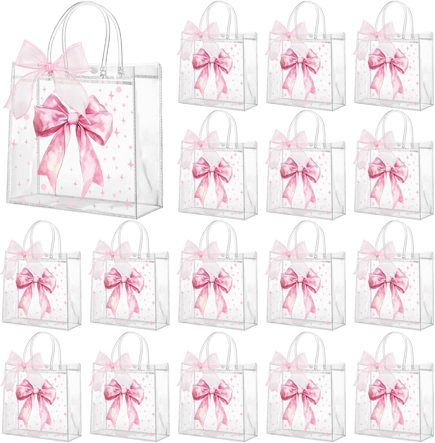 48 Pcs Pink Bow Clear PVC Gift Bags for Party Favors and Treats
