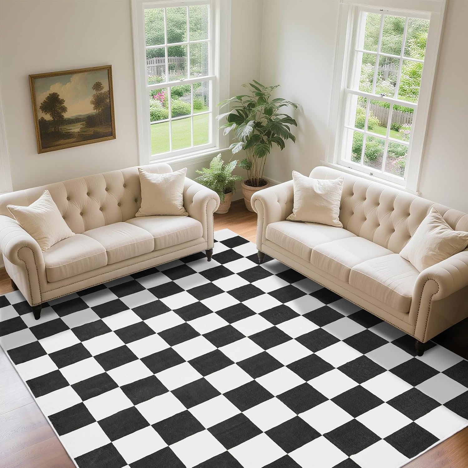 Washable Checkered Rug, 8x10 ft Black and White Area Rug