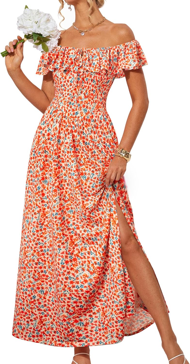2025 Womens Maxi Dresses Summer Off Shoulder Floral Dress