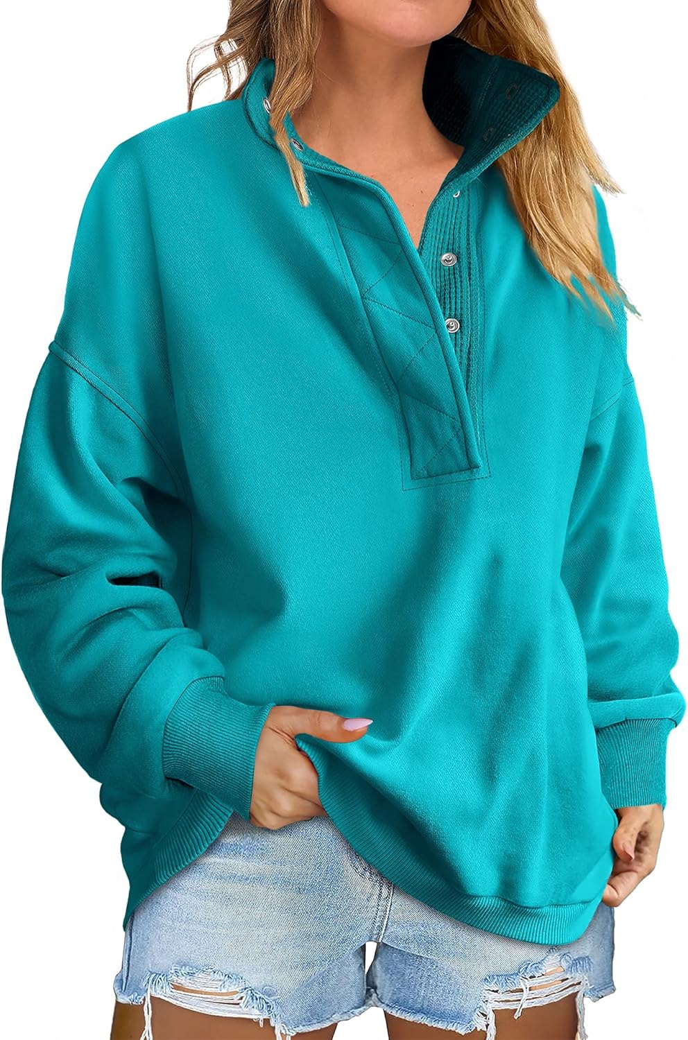 Oversized Sweatshirt for Women - Casual Henley Pullover Tops
