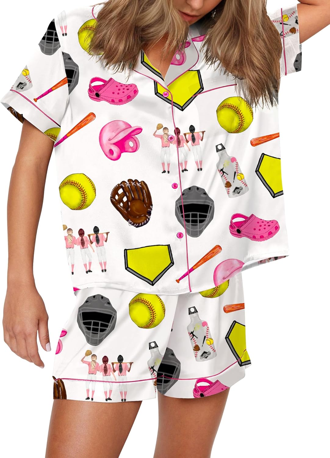 Satin Pajamas for Women Set with Sport Ball Print Sleepwear