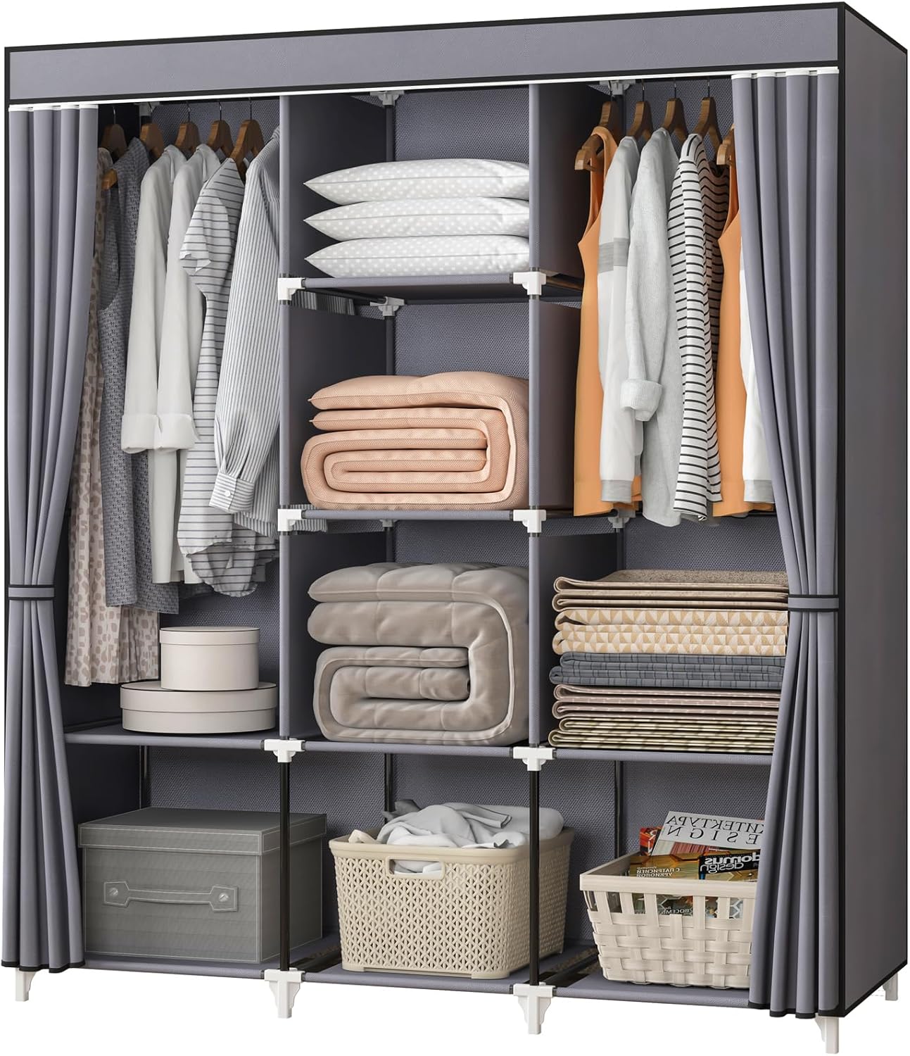 Portable Closet for Hanging Clothes with 8 Storage Shelves