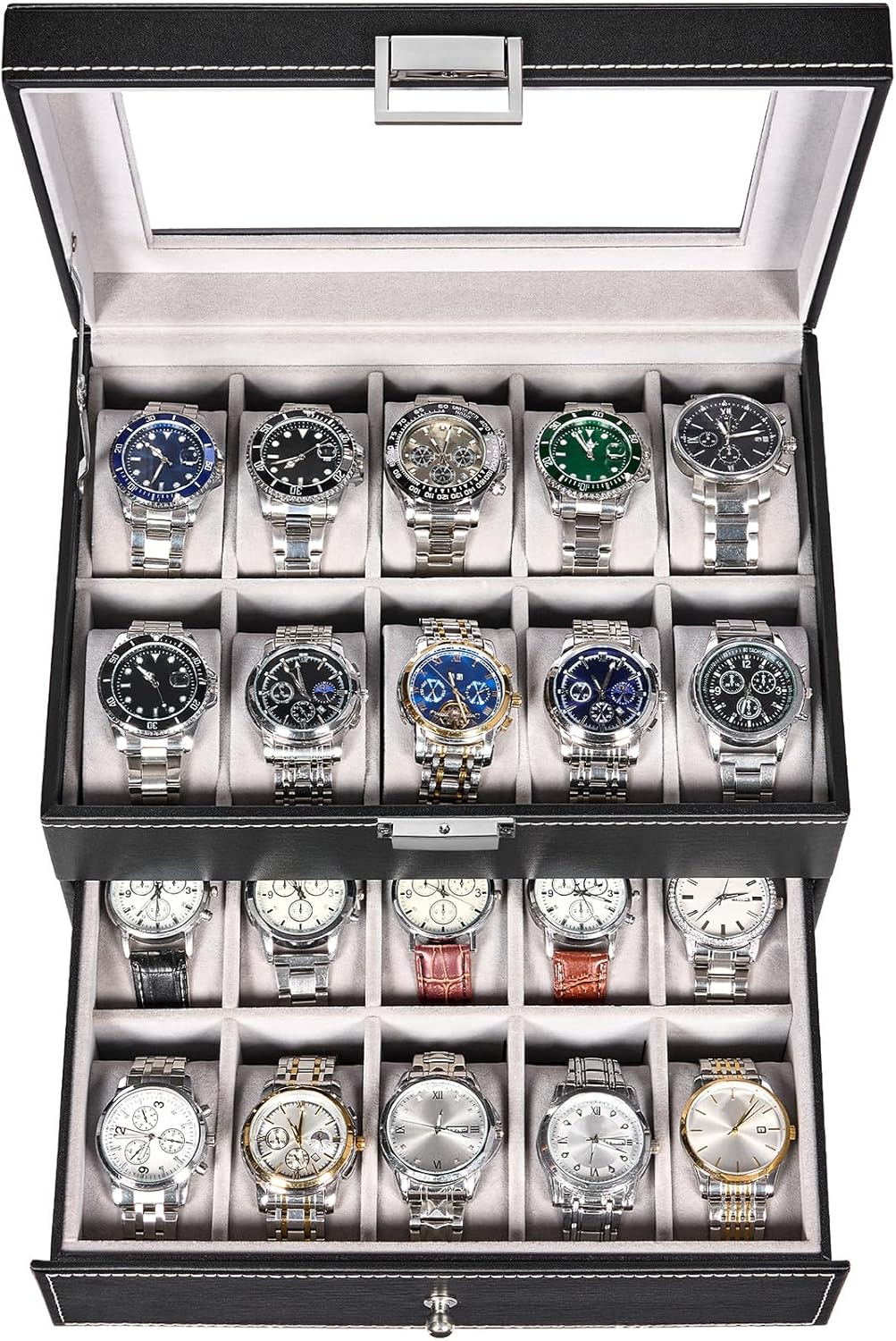 20-Slot Watch Box Organizer for Men with Glass Lid Design