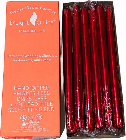 Elegant 12 Inch Unscented Metallic Red Taper Candles Set of 12