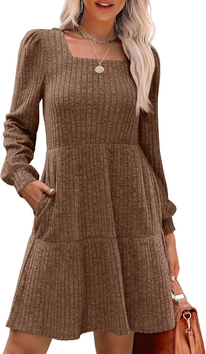 Stylish Womens Square Neck Long Sleeve Fall Dresses for Comfort