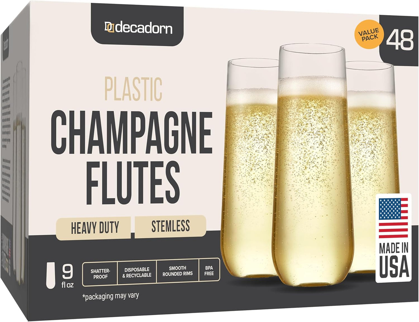 Clear Stemless Champagne Flutes - Durable 9oz Plastic Glasses