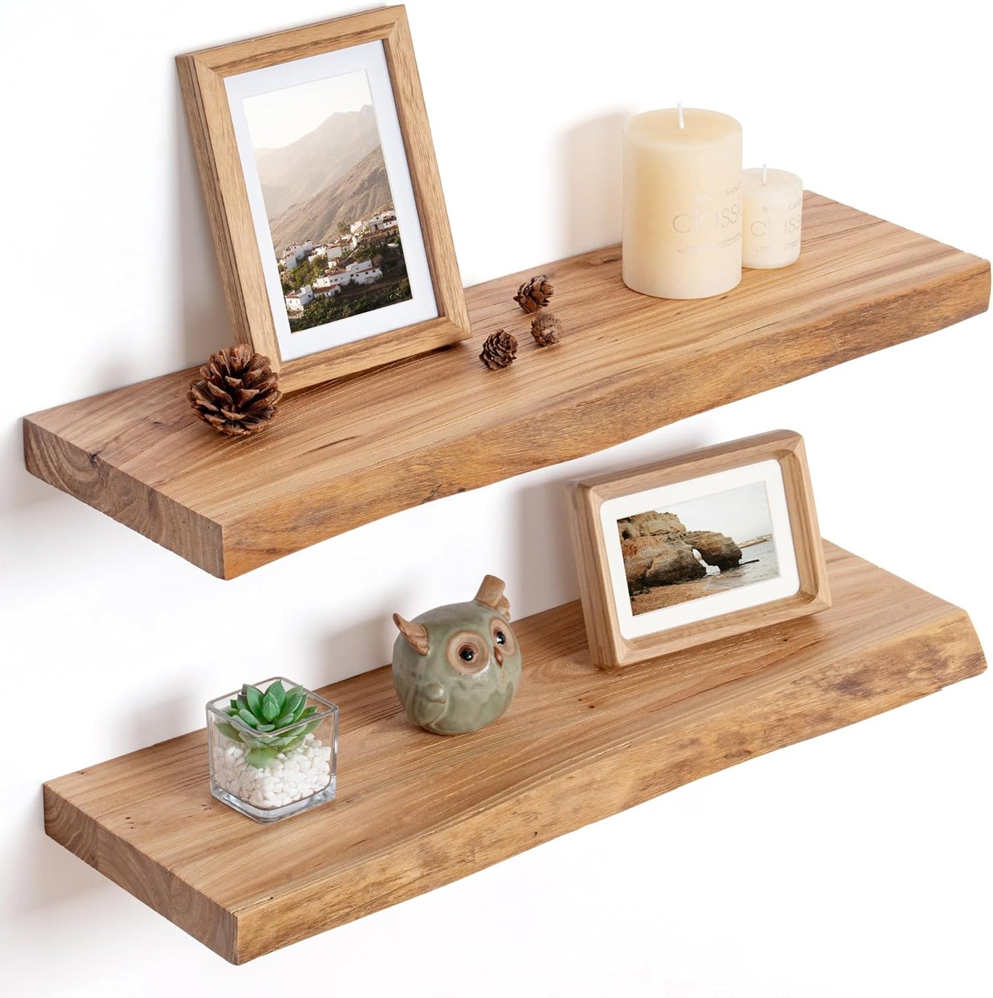 Rustic Solid Elm Wood Floating Shelves for Wall Decor Set