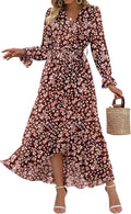 V Neck Floral High Waist Ruffle Dress - Flattering Boho Maxi