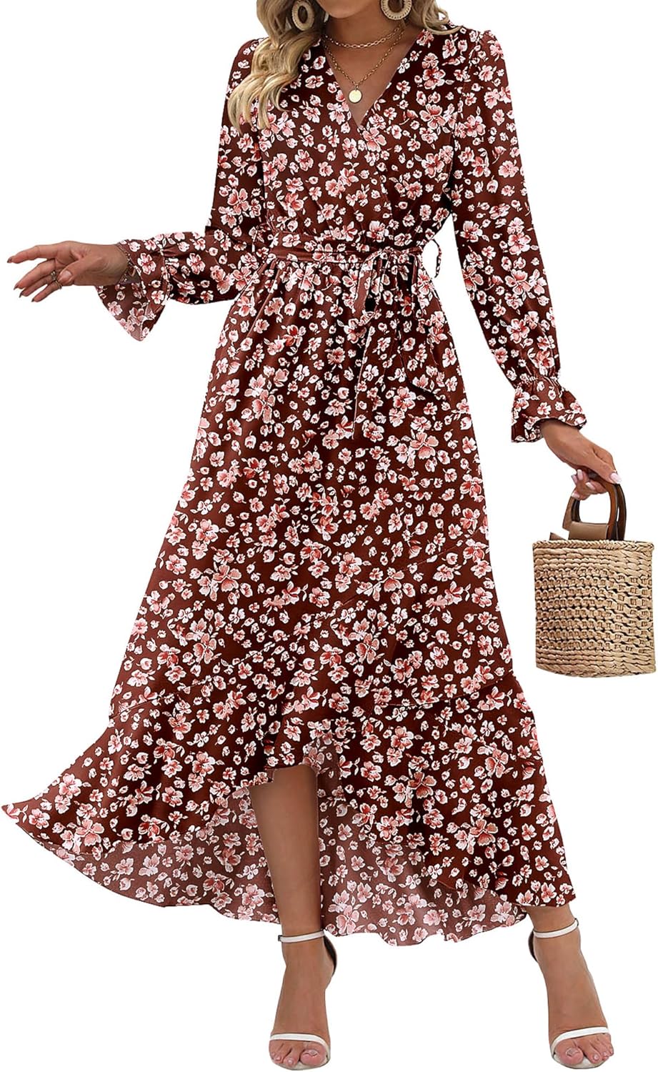 Floral High Waist Ruffle Long Sleeve Dress for Women