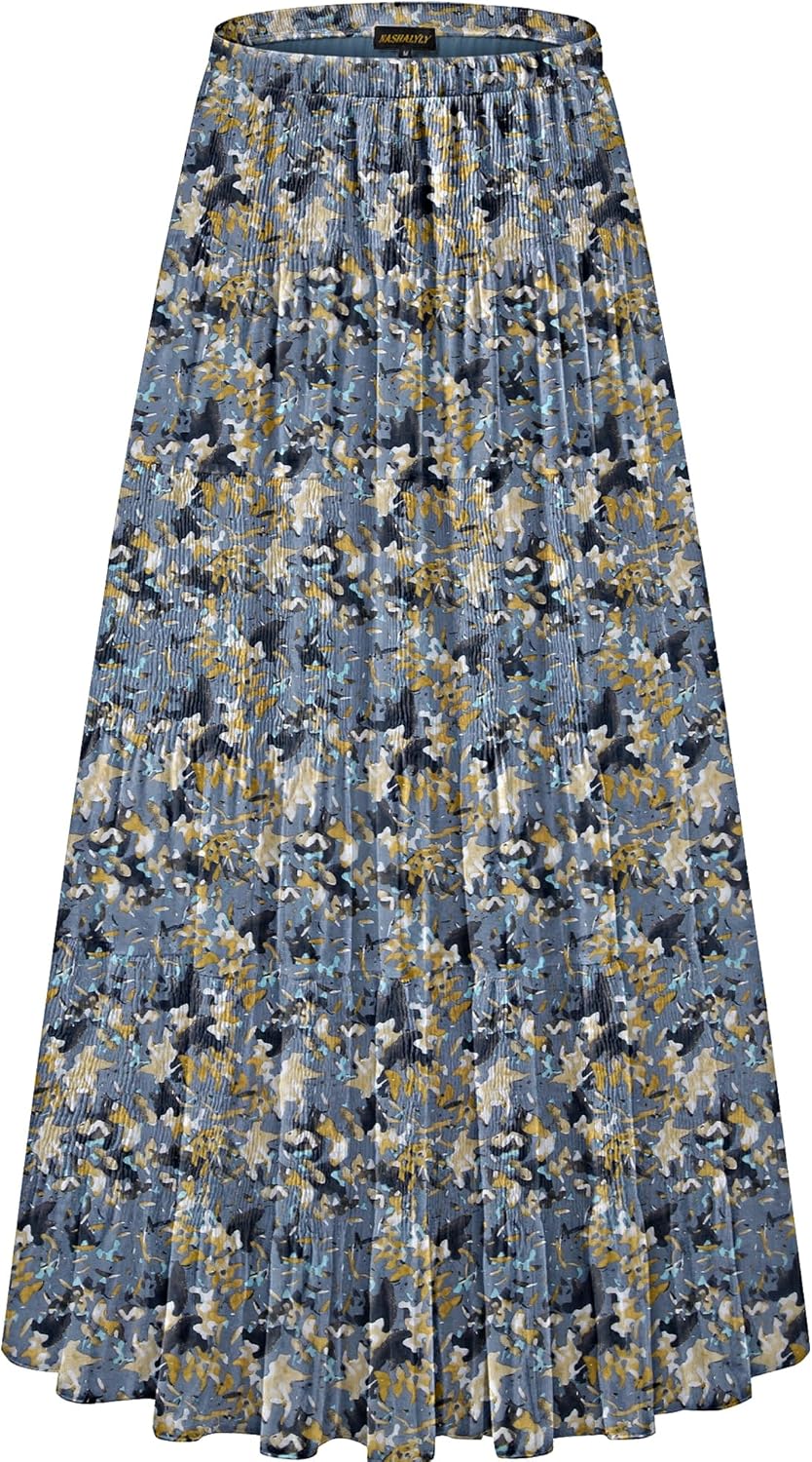 Chiffon Elastic High Waist Pleated A-Line Maxi Skirt for Women