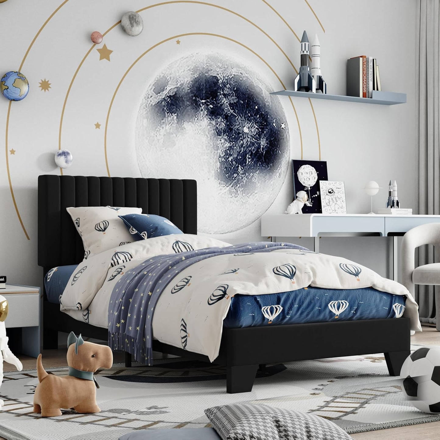 Twin Size Bed Frame with Velvet Upholstered Platform Design