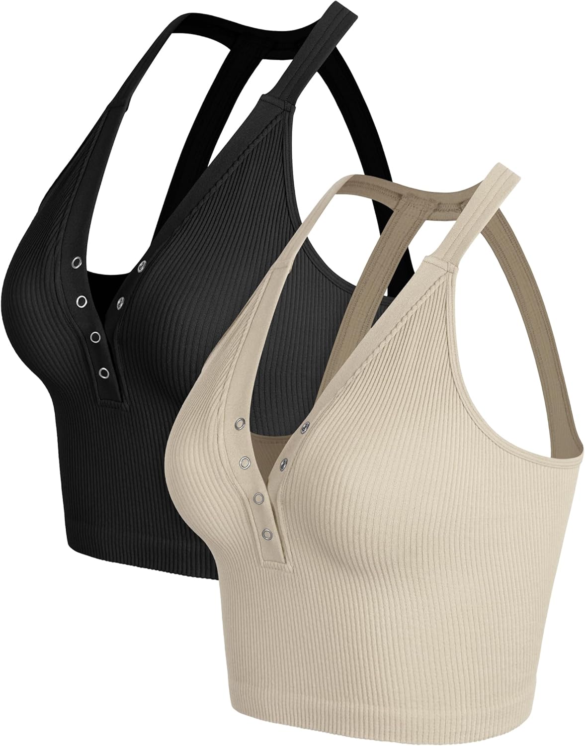 ODODOS 2-Pack Seamless Henley Crop Open Back Ribbed Tank Top