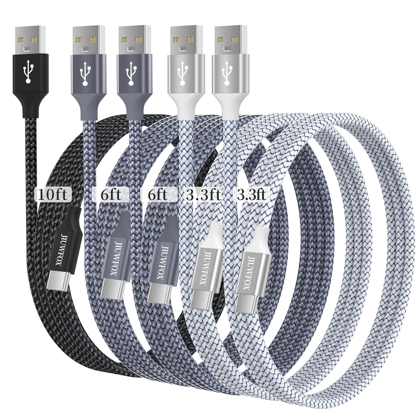 Fast-charge 5-Pack USB-C Cables, 3.3-10FT, iPhone/Samsung, JIUWFOX