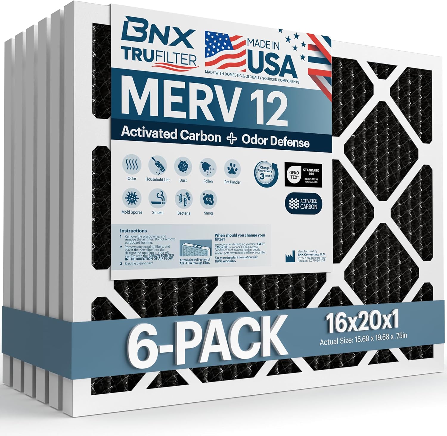 BNX TruFilter 16x20x1 MERV 12 Odor Defense Air Filters